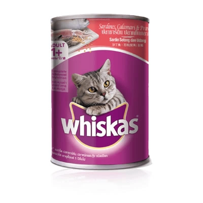 Whiskas - สูตรแมวโต ปลาซาร์ดีน ปลาหมึก และกุ้ง ชนิดเปียก (กระป๋อง)