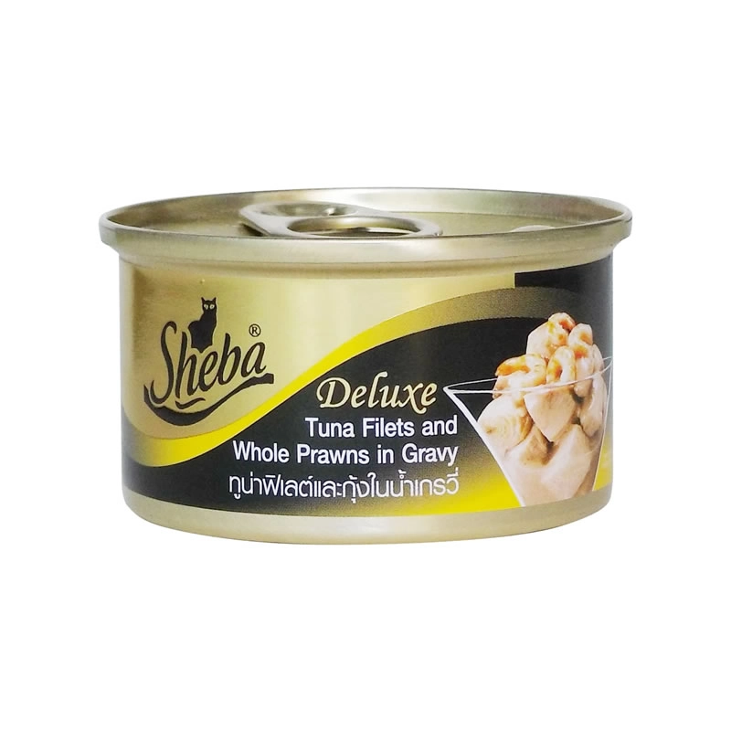 Sheba - ดีลักซ์ ทูน่าฟิเลต์และกุ้งในน้ำเกรวี่ (กระป๋องเหลือง)