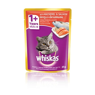 Whiskas - สูตรแมวโต ปลาทูและปลาแซลมอน ชนิดเปียก (ซอง)