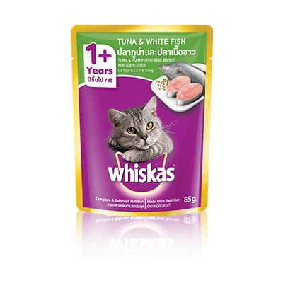 Whiskas - สูตรแมวโต ปลาทูน่าและปลาเนื้อขาว ชนิดเปียก (ซอง)