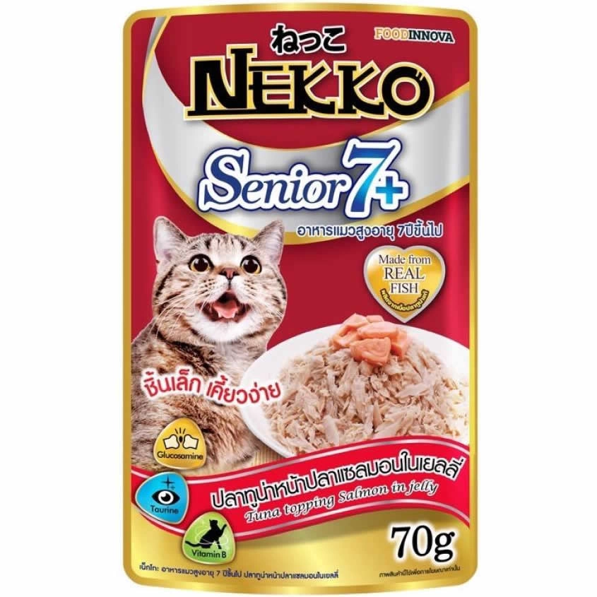 Nekko - Senior 7+ ปลาทูน่าหน้าปลาแซลมอนในเยลลี่ (แดง)