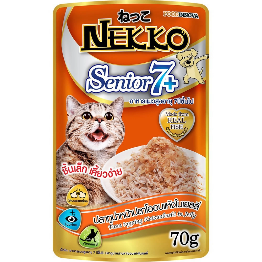 Nekko - Senior 7+ ปลาทูน่าหน้าปลาโออบแห้งในเยลลี่ (ส้ม)