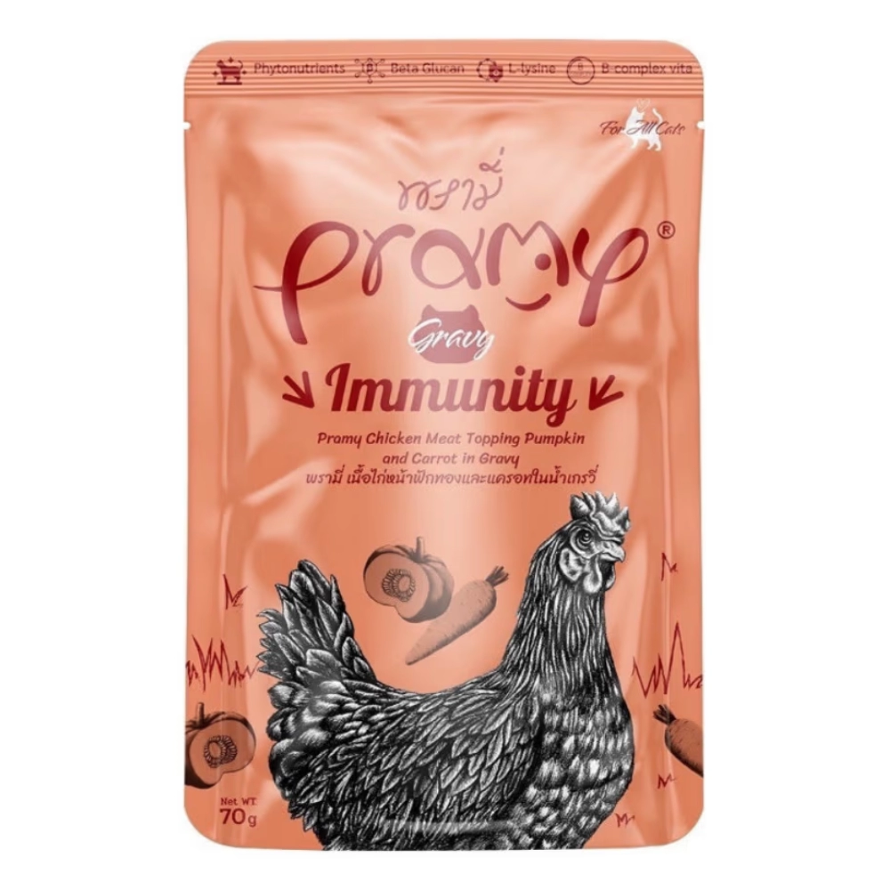Pramy - All cats - Immunity Chicken Meat topping Pumkin and Carrot in Gravy (ส้มเกรวี่)
